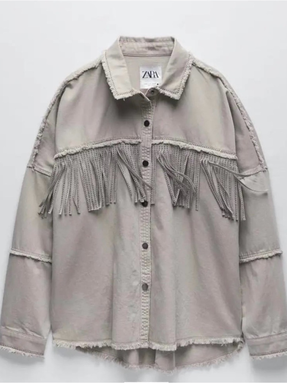 Zara Taupe Fringe Button-Up Jacket